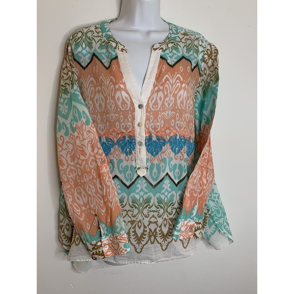 Chicos sz 2 L Beaded Boho Embroidered Light Knit Cotton Blouse top  (09) - Picture 2 of 12